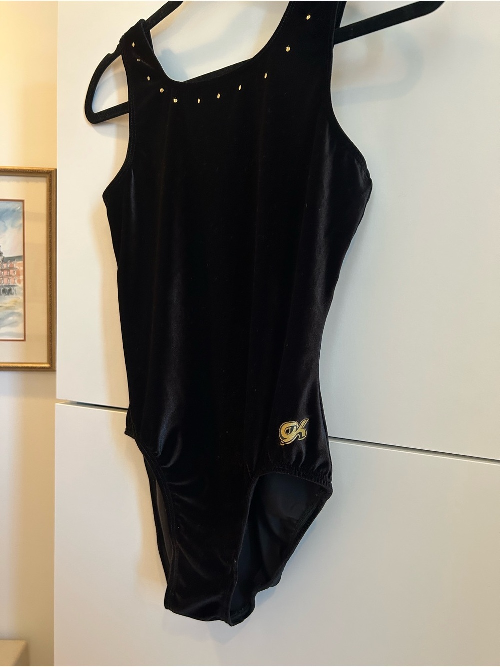 GK Black Velvet Leotard with Gold Accents - Adult Large